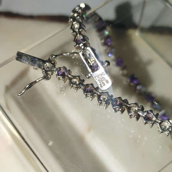 Sterling Silver CZ Bracelet 7 Inches Tennis  Sparkling Purple Clear Stonesn Gift - Picture 5 of 12